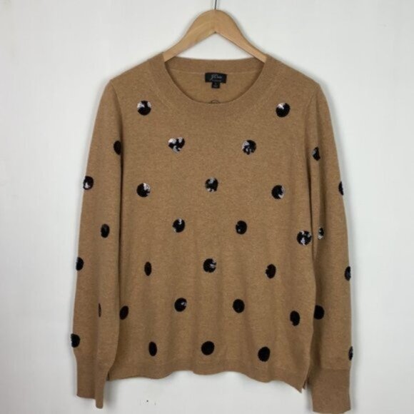 J.Crew L Cashmere Sweater Beige Black Sequins Polka Dots - Picture 2 of 15
